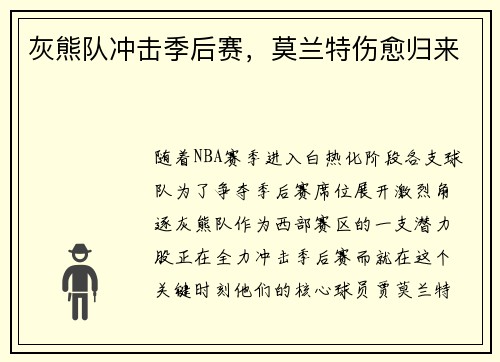 灰熊队冲击季后赛，莫兰特伤愈归来